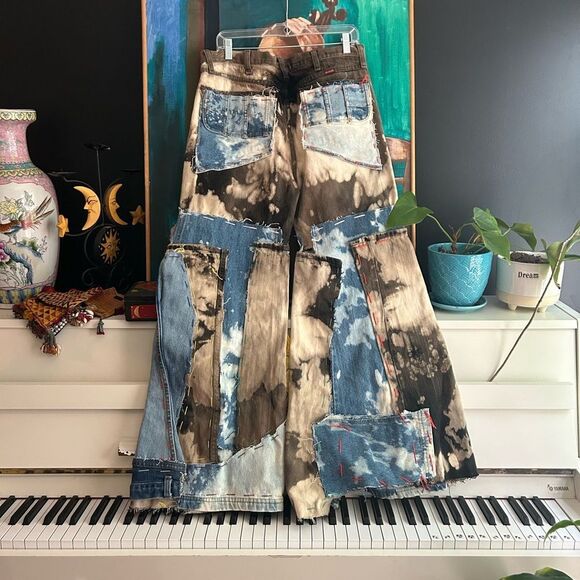 Upcycled Frayed Patchwork Jeans – 34" Waist Handmade Streetwear Pants Wide Leg - Picture 3 of 16